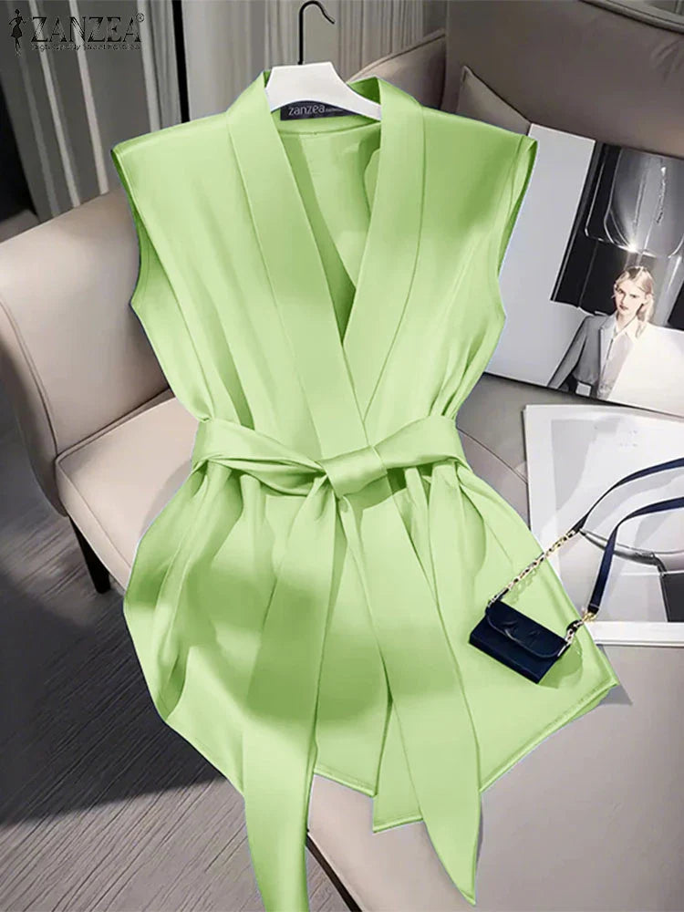 Women Shiny Satin Blouses Elegant Wrapped V-Neck Sleeveless Tops 2025 Summer Office Commuting Belted Party Blusas Mujer