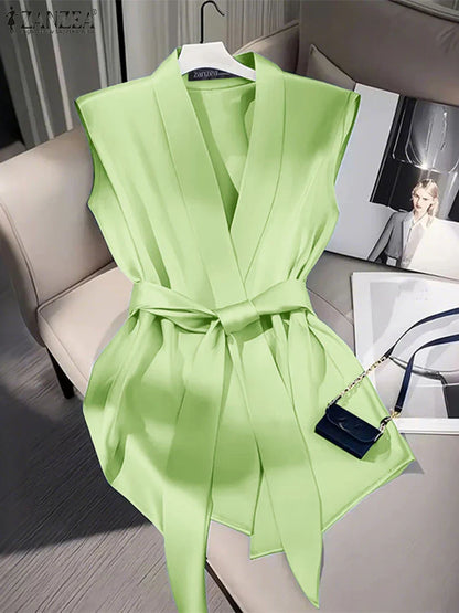 Women Shiny Satin Blouses Elegant Wrapped V-Neck Sleeveless Tops 2025 Summer Office Commuting Belted Party Blusas Mujer