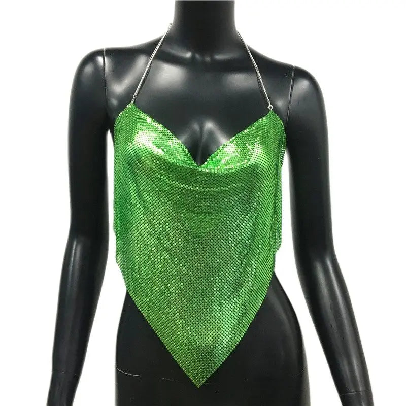 Women Solid Sequined Metal Camis Top 2025 Sexy Halter Backless V Strappy Party Nightclub Vest Cropped Tops