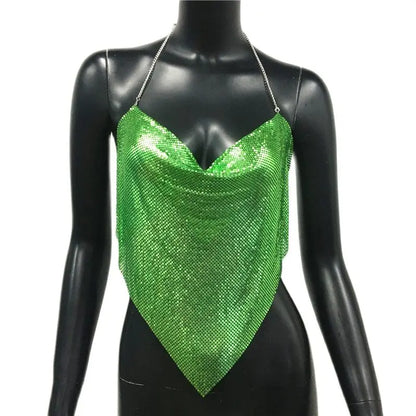 Women Solid Sequined Metal Camis Top 2025 Sexy Halter Backless V Strappy Party Nightclub Vest Cropped Tops