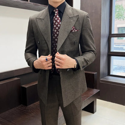 Men Vintage Luxury Double Breasted Slim Fit Lapel Evening Gown ltalian Style Fashion High-end Groom Wedding Party Tuxedo 2 Piece
