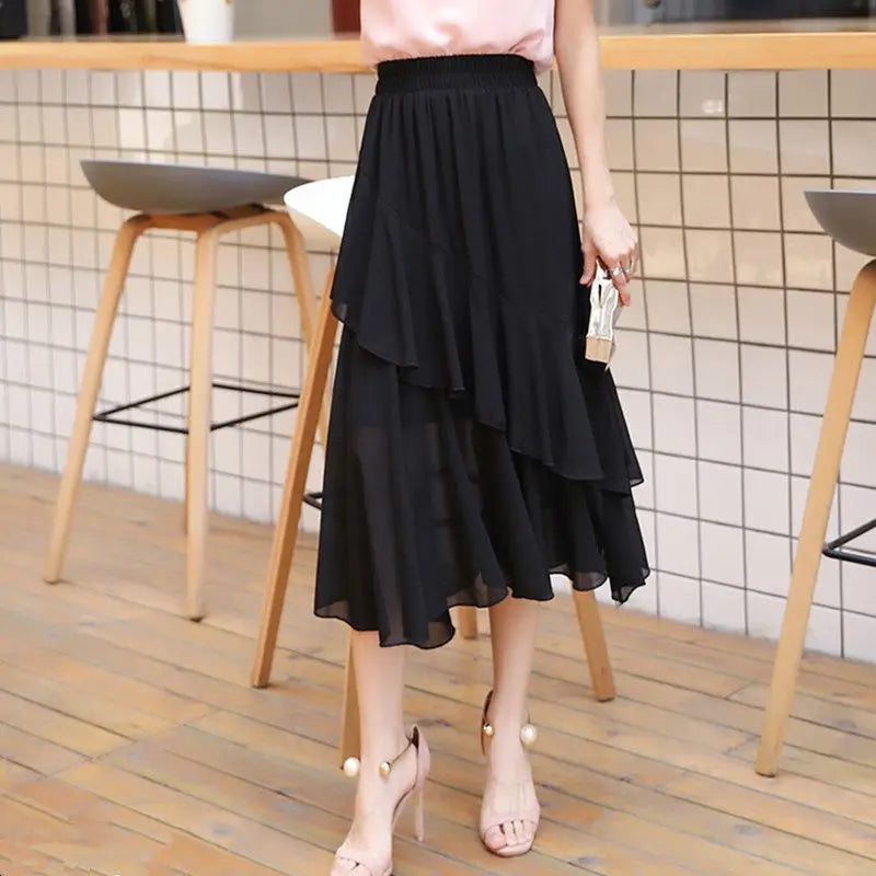 Plus Size Women Summer Chiffon Midi Skirt, Irregular A-line Thin Lightweight Black Skirt For Plus 200lbs