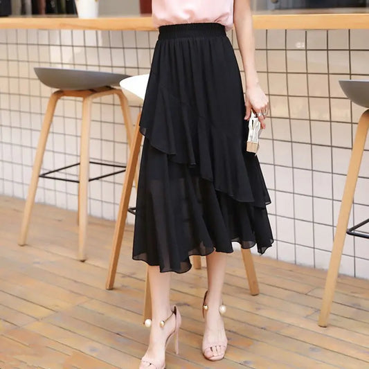 Plus Size Women Summer Chiffon Midi Skirt, Irregular A-line Thin Lightweight Black Skirt For Plus 200lbs