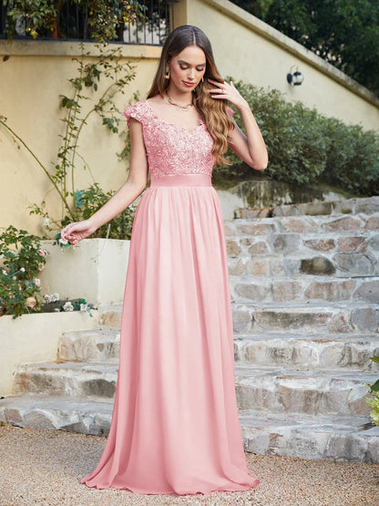 A-line V Neck Sleeveless Floral Lace Chiffon Back Hollow Long Paty Bridesmaid Dress Women 2024 For Wedding Sexy Evening Dress