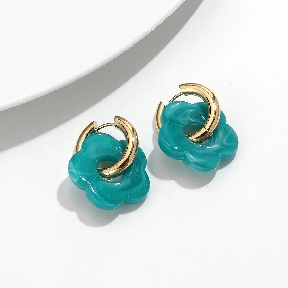 Colorful Flower Resin Acrylic Charms Earring Gold Color Circle Ear Buckle Hoop Earrings Fashion Jewelry for Women