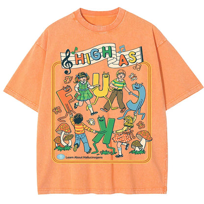 Happy Playing Children Pattern Retro T-Shirt Men Summer Soft Clothing Trendy Crewneck Washed Tops Oversize Cotton Streetwear