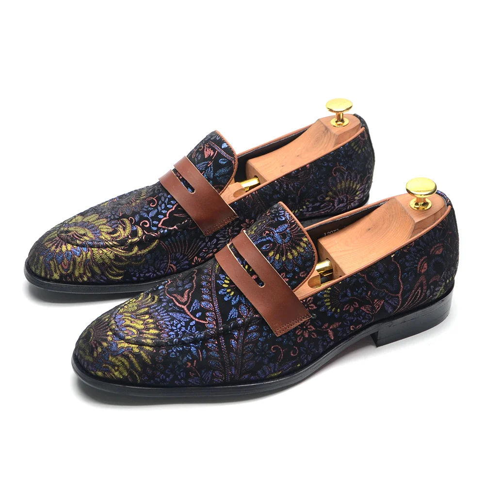 European Classic Men's Wedding Dress Shoes Soft Suede Leather with Flower Pattern Penny Loafers Banquet Party Formal Shoes Man