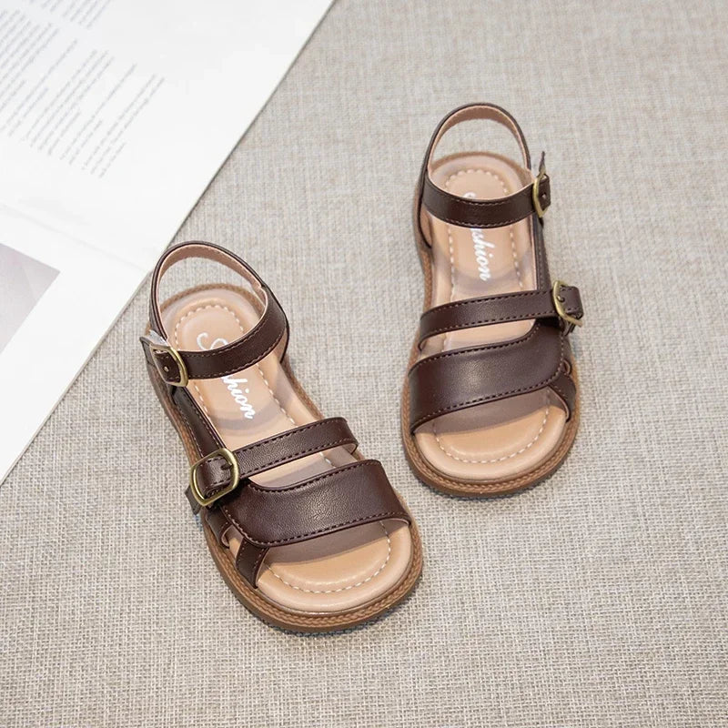 Girls Roman Sandals Open Toe Little Kids Leather Sandals with Buckle Open Toe Children Summer Beach Shoes Non-Slip Soft Sole