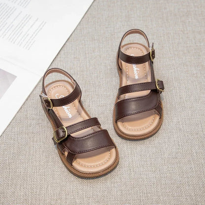 Girls Roman Sandals Open Toe Little Kids Leather Sandals with Buckle Open Toe Children Summer Beach Shoes Non-Slip Soft Sole