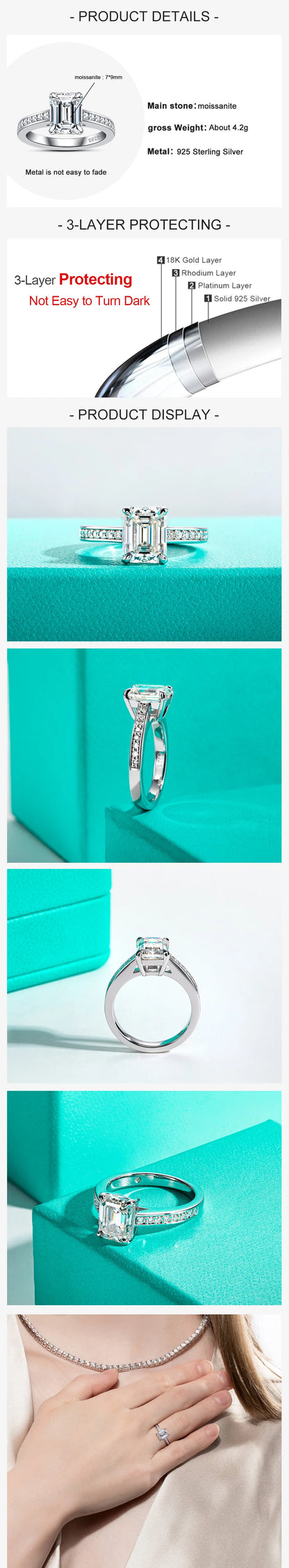 3ct Emerald Cut D Color Moissanite Engagement Ring 18K Gold Plated Classic Wedding Ring Women Jewelry Wholesale