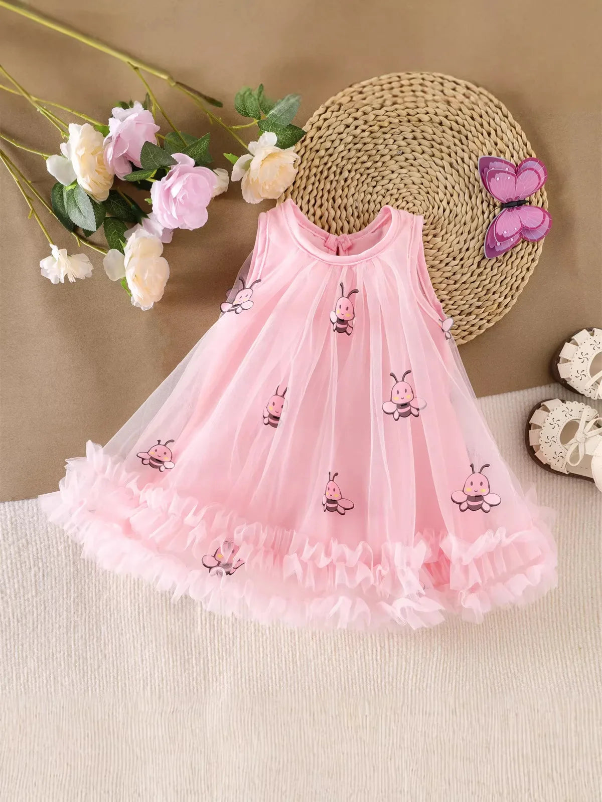 2026 Summer 12M-5Y Childrens Clothes Cute Bee Print Girls Dress with Tulle Skirt Sleeves Fluffy Dress for Girls