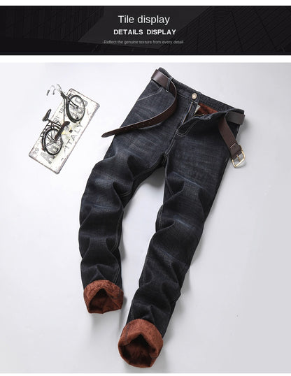2023 Winter Men Black Blue Straight Stretch Denim Thick Velvet Pants Warm Jeans Casual Fleece Line Trousers Male Plus Size