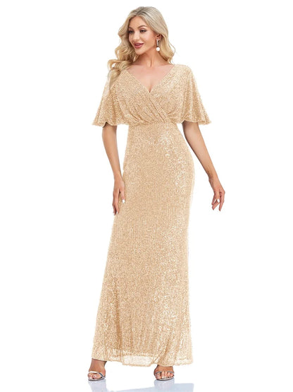 Women Elegant V-neck Luxury Evening Dress Sexy Sequin Mermaid Dress Floor Lenght Prom Blue Party Dress vestido