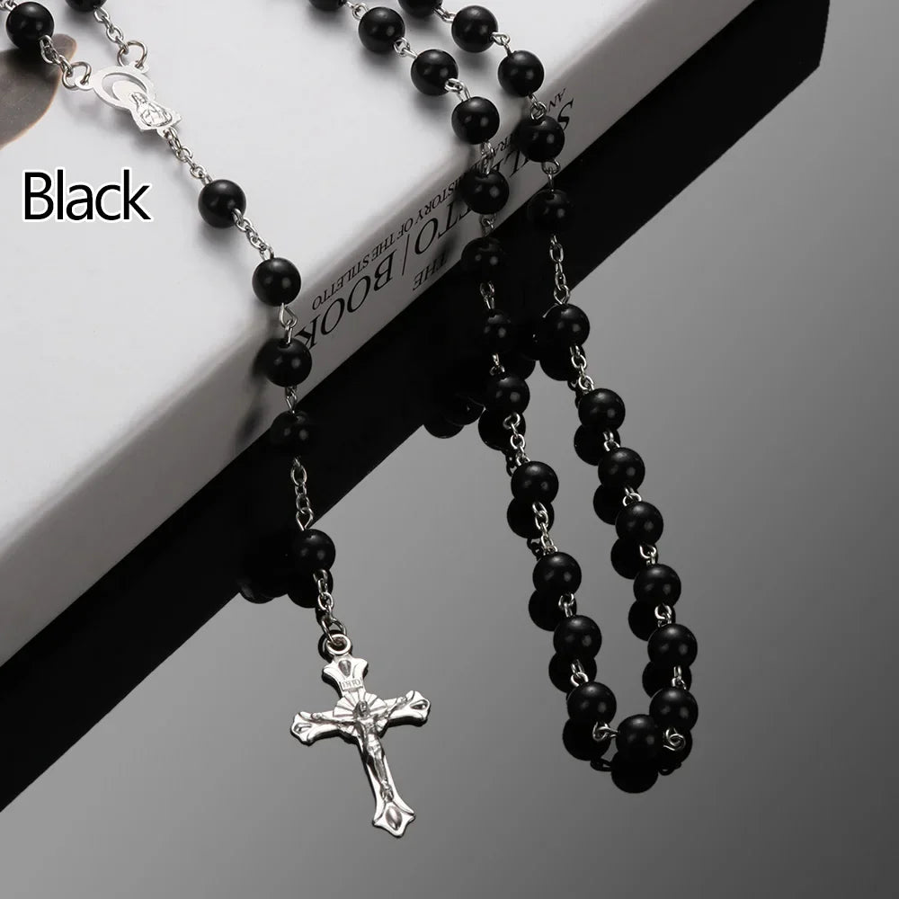 Fashion Vintage Cross Necklace Rosary Beads Chain Jesus Crucifix Virgin Mary Pendant Chain Jewelry Necklace
