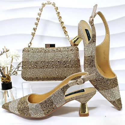 Fashion Nigerian Women Heel Party Ladies Italian Design Green Shoes And Bag Set Decorated with Rhinestone Handbag Wedding Party