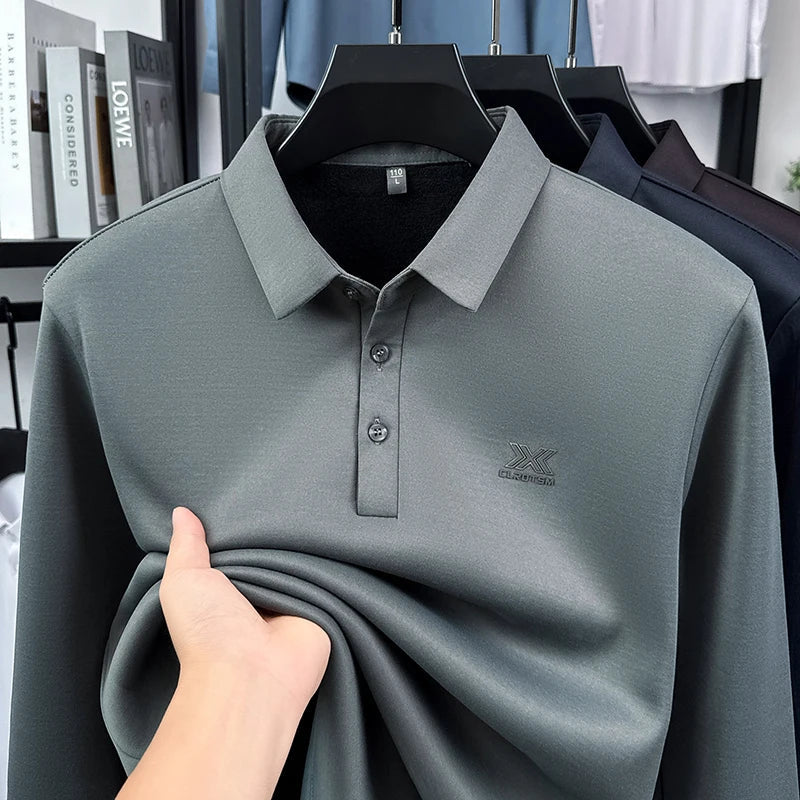 2025 Winter Men's Fashion New Collection with Velvet Long Sleeve T-shirt, Collar with Mulberry Silk and Wool Warmth POLO Sweater