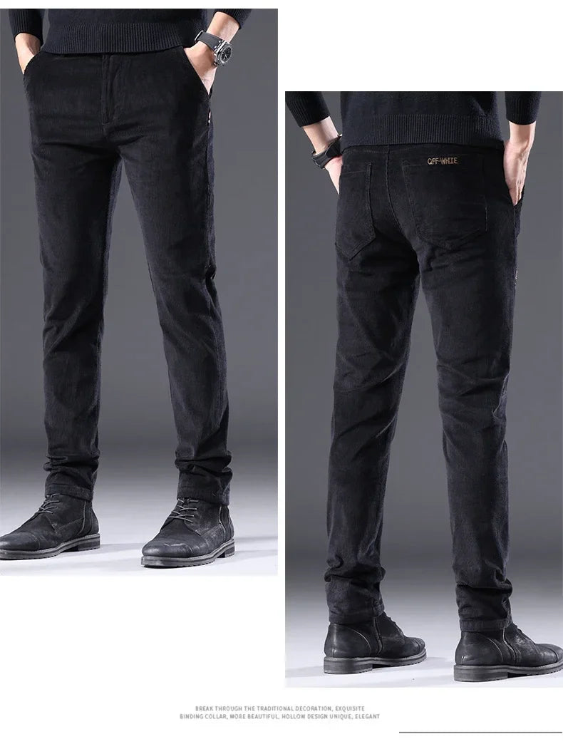 Men's Corduroy Slim Casual Pants 2024 Autumn New Coffee Fashion Stretch Straight Trousers Solid Color Male Clothes