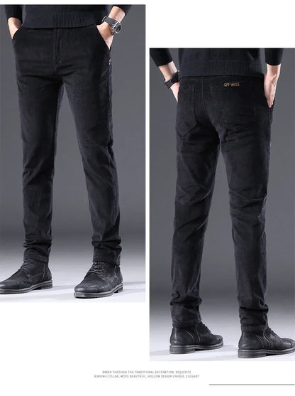 Men's Corduroy Slim Casual Pants 2024 Autumn New Coffee Fashion Stretch Straight Trousers Solid Color Male Clothes