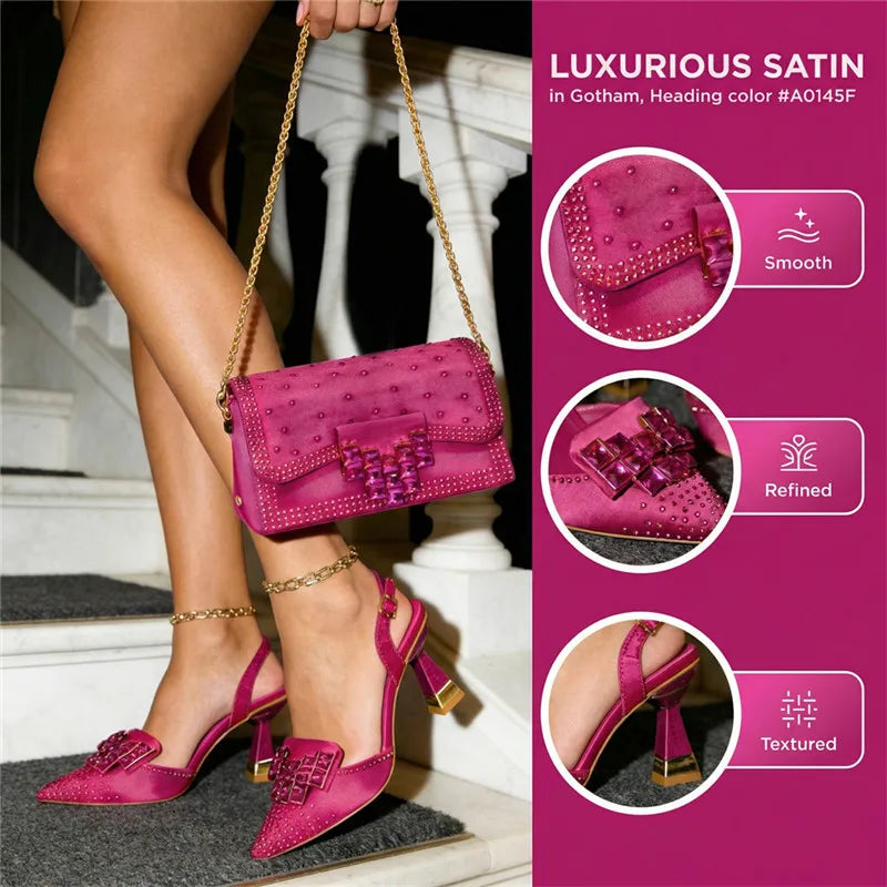 Italian Fashion Design Shoes and Bags Matching Set  High Heels green Color Rhinestones Elegant Women Shoes for Party