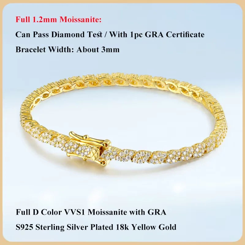 2025 New In Rhombus Shape Full 1.2mm D Color Moissanite Tennis Bracelet For Women 925 Silver Diamond Link Chain Bracelets