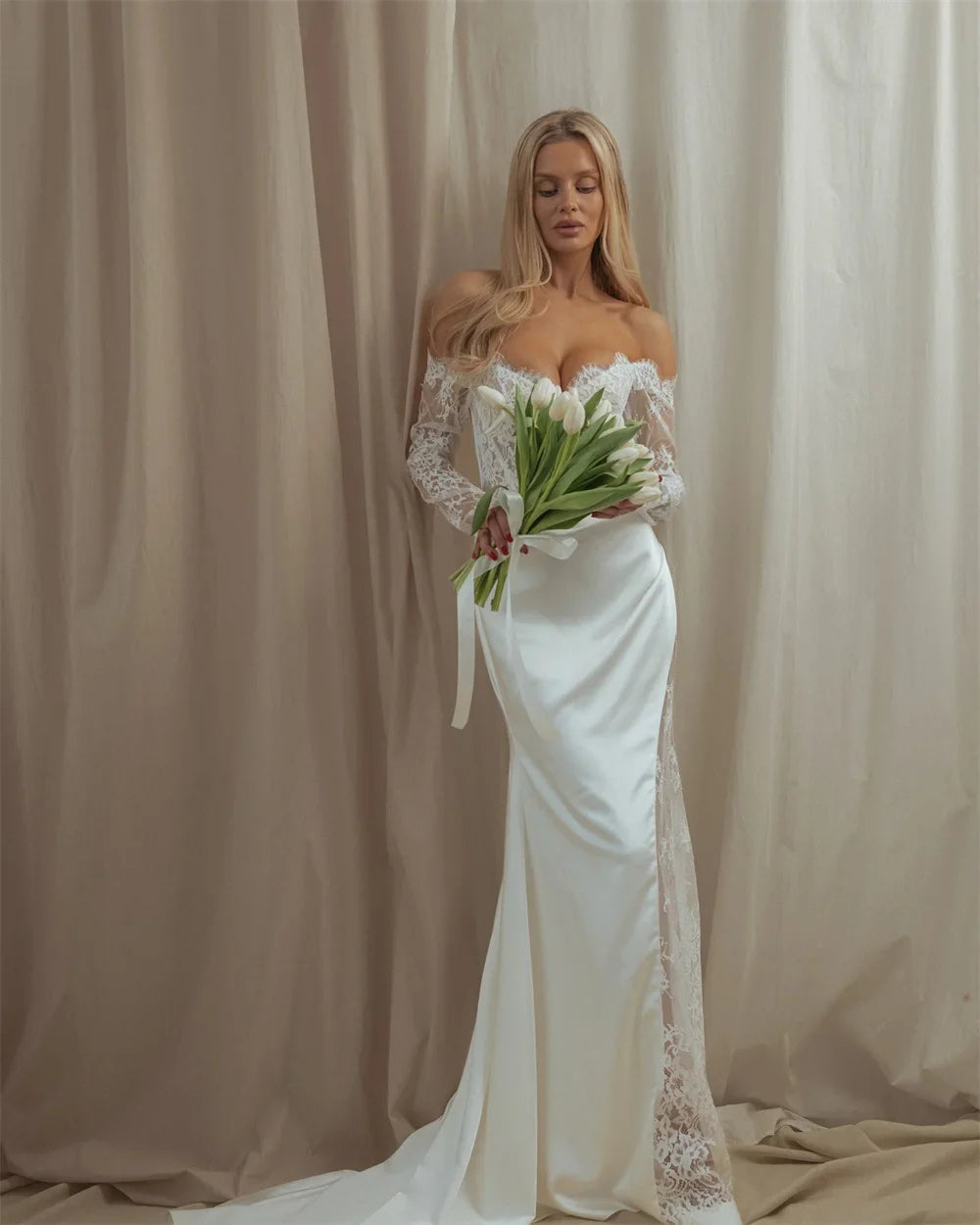 Customized White Side High Split Wedding Dresses Off the Shoulder Sleeveless Bridal Gowns Elegant Mermaid Wedding Gowns