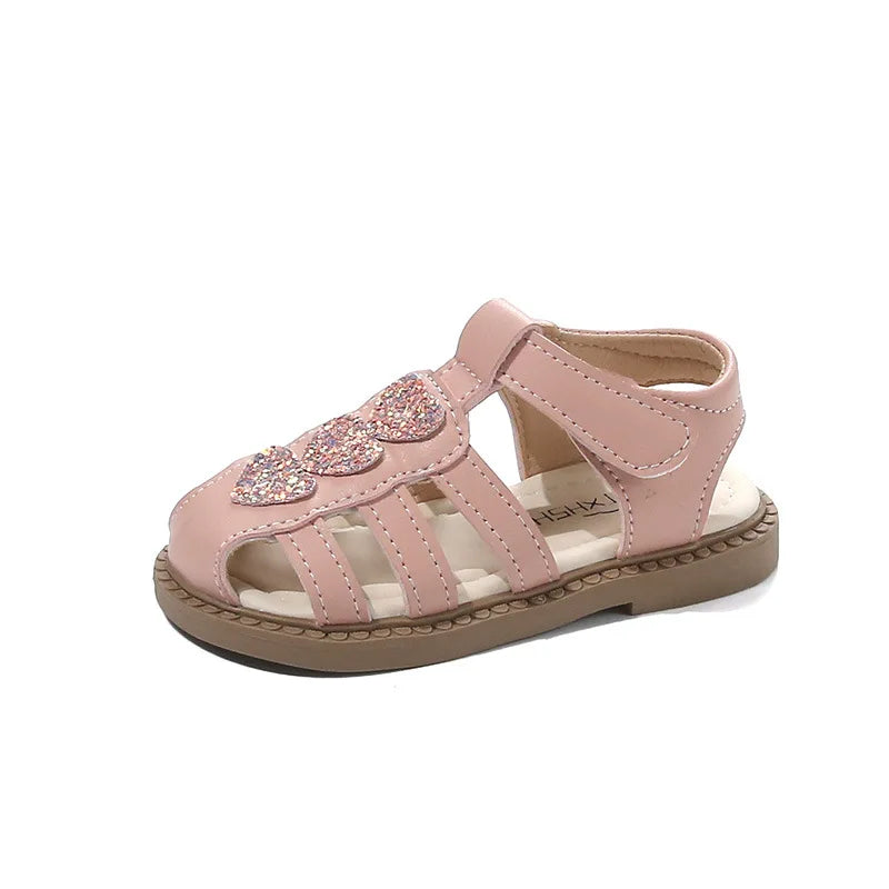 Kid Shoes Children Sandals Bling Heart-shape Summer Girl Princess Shoe Flat Heel Sandals Children Girls Performance Shoes I03022