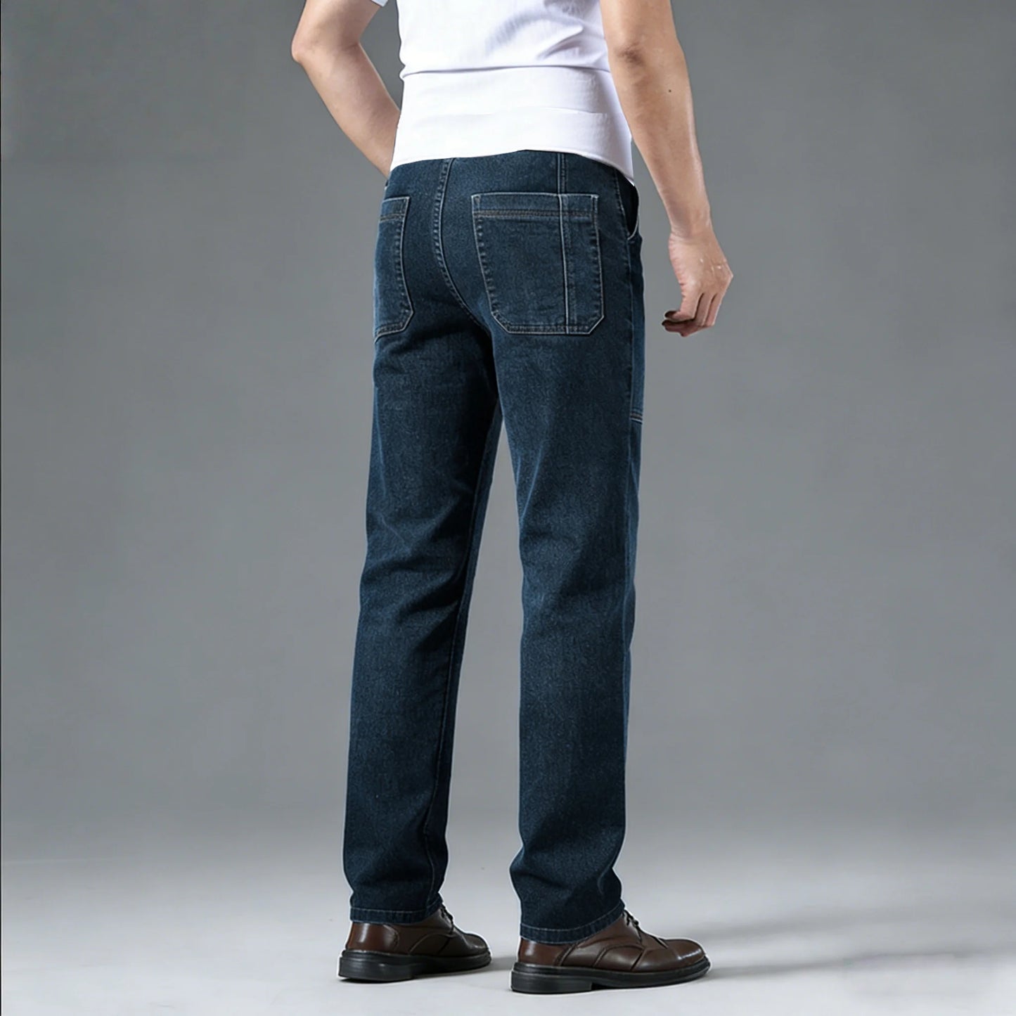 Men's retro workwear jeans, slim fit straight leg with multiple pockets, micro elastic versatile casual pants