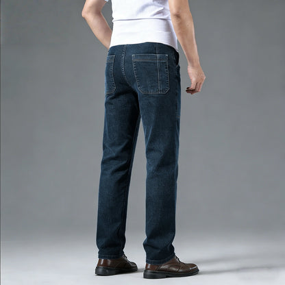 Men's retro workwear jeans, slim fit straight leg with multiple pockets, micro elastic versatile casual pants