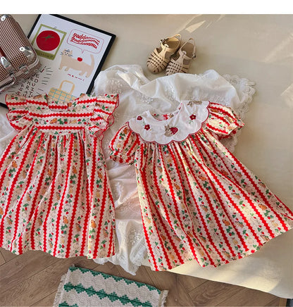 Kid Girl Adorable Short Sleeve Dress Red White Vertical Stripes Bunny Strawberry Print Peter Pan Collar Skirt for Children