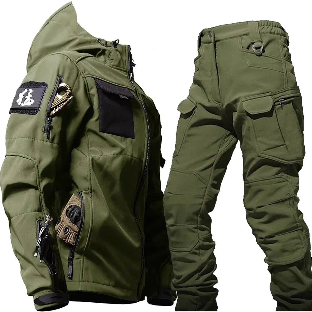 Mens Thicken Tactical Set Windproof Waterproof Outdoor Suit Soft Shell Multi-Pocket Hooded Jackets+Fleece Work Pants 2-piece