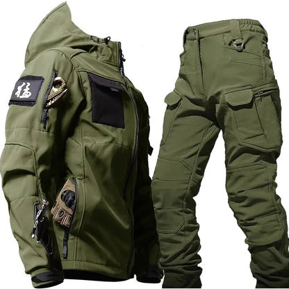 Mens Thicken Tactical Set Windproof Waterproof Outdoor Suit Soft Shell Multi-Pocket Hooded Jackets+Fleece Work Pants 2-piece