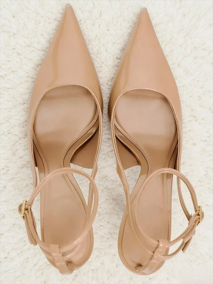 Nude Patent Leather Ankle Strap Buckle Women Pumps Sexy Pointed Toe Stiletto Heels Summer Stiletto Heels Party Shoes Sandalias