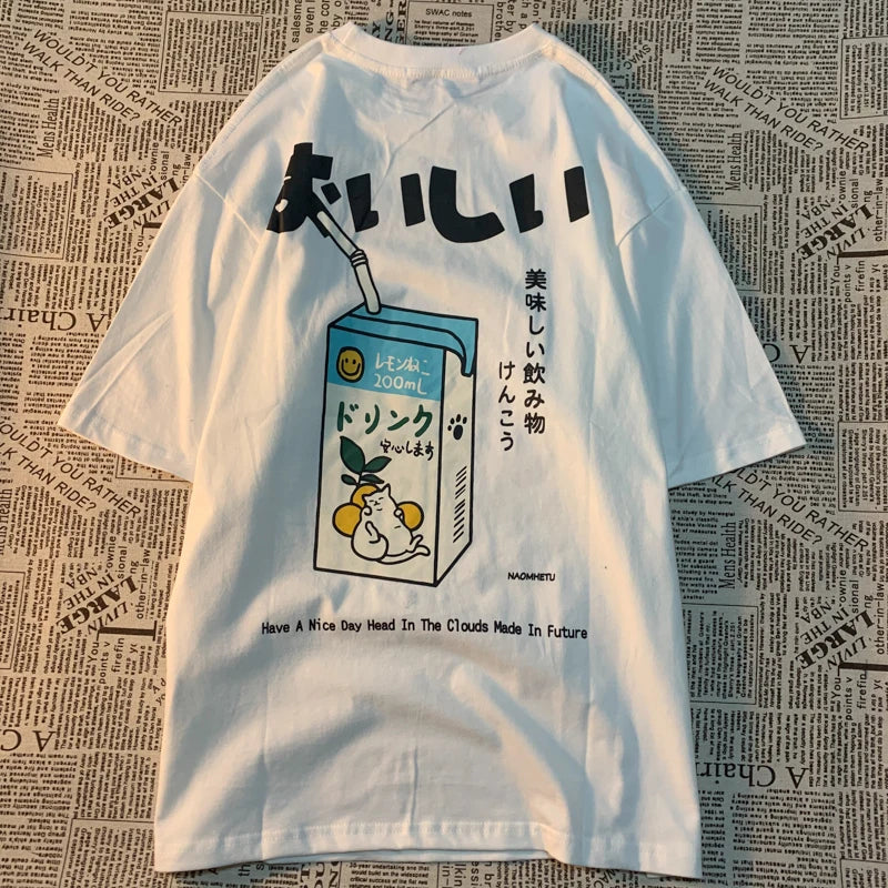 Cute Japanese Cat Print Oversized T-shirt men Women Short Sleeve Loose Casual Tee Shirt Streetwear Tops Cotton Harajuku Clothing