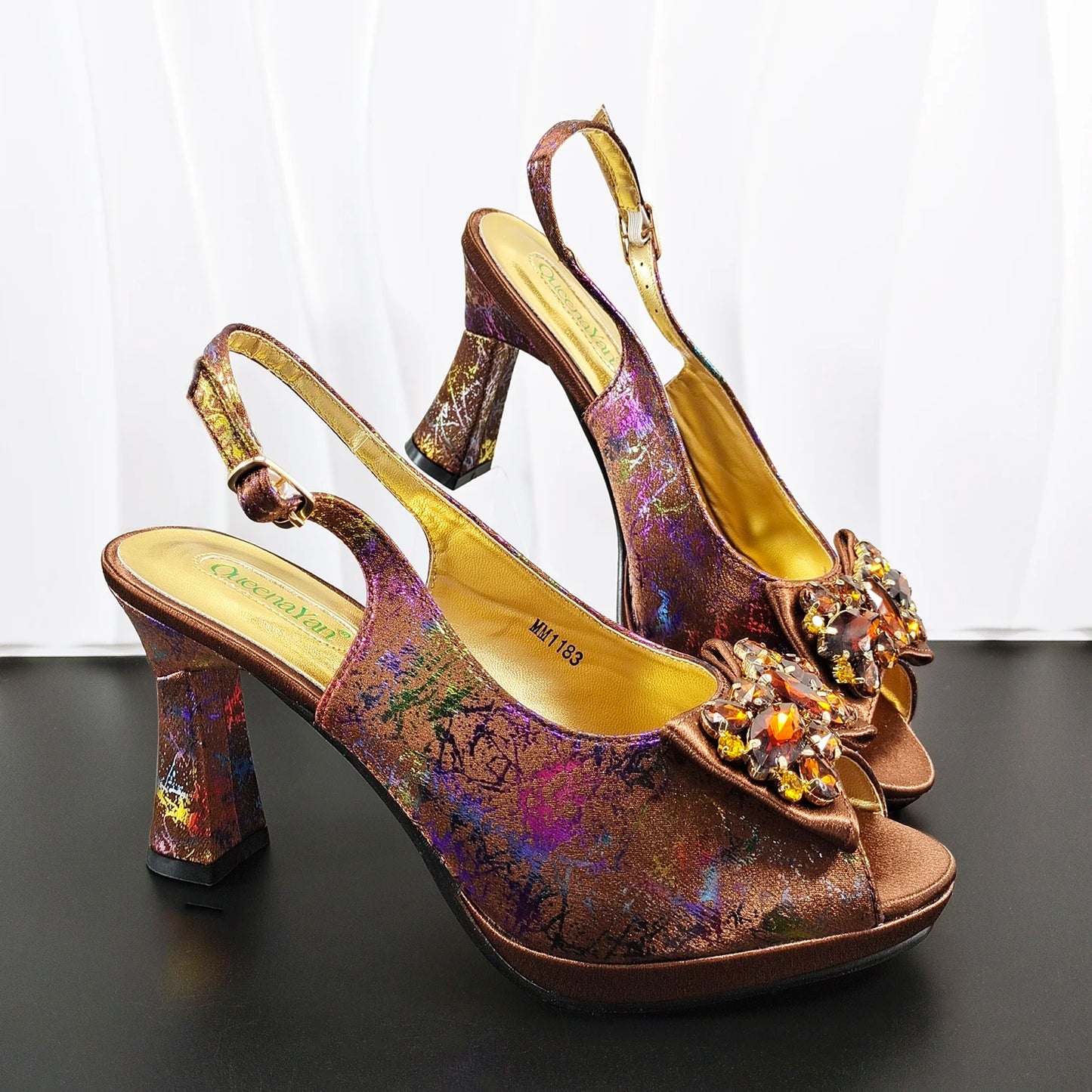 INS Purple Rhinestone-Embellished and Colorful Striped Design Party Wedding Peep Toe Bigger Size Ladies High Heels and Bag Set