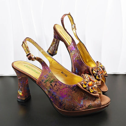 INS Purple Rhinestone-Embellished and Colorful Striped Design Party Wedding Peep Toe Bigger Size Ladies High Heels and Bag Set