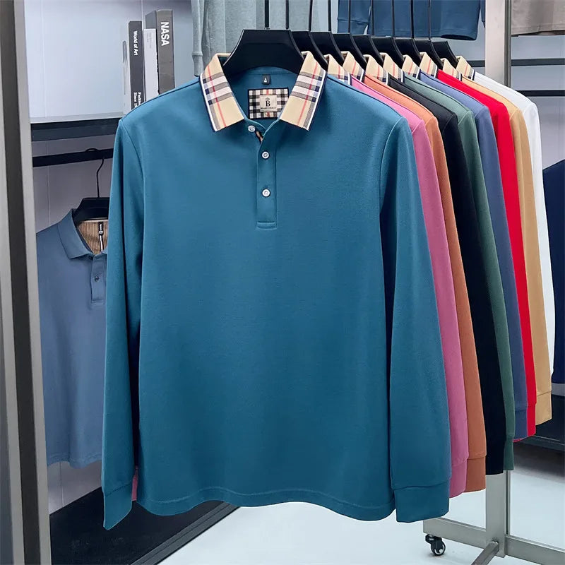 Men's Plaid Long Sleeve Polo Shirt Autumn Winter Casual Office Outdoor Fashion Top Commercial Collar Trendy Men's Clothing