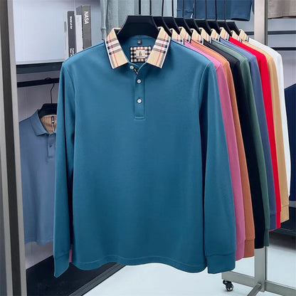 Men's Plaid Long Sleeve Polo Shirt Autumn Winter Casual Office Outdoor Fashion Top Commercial Collar Trendy Men's Clothing