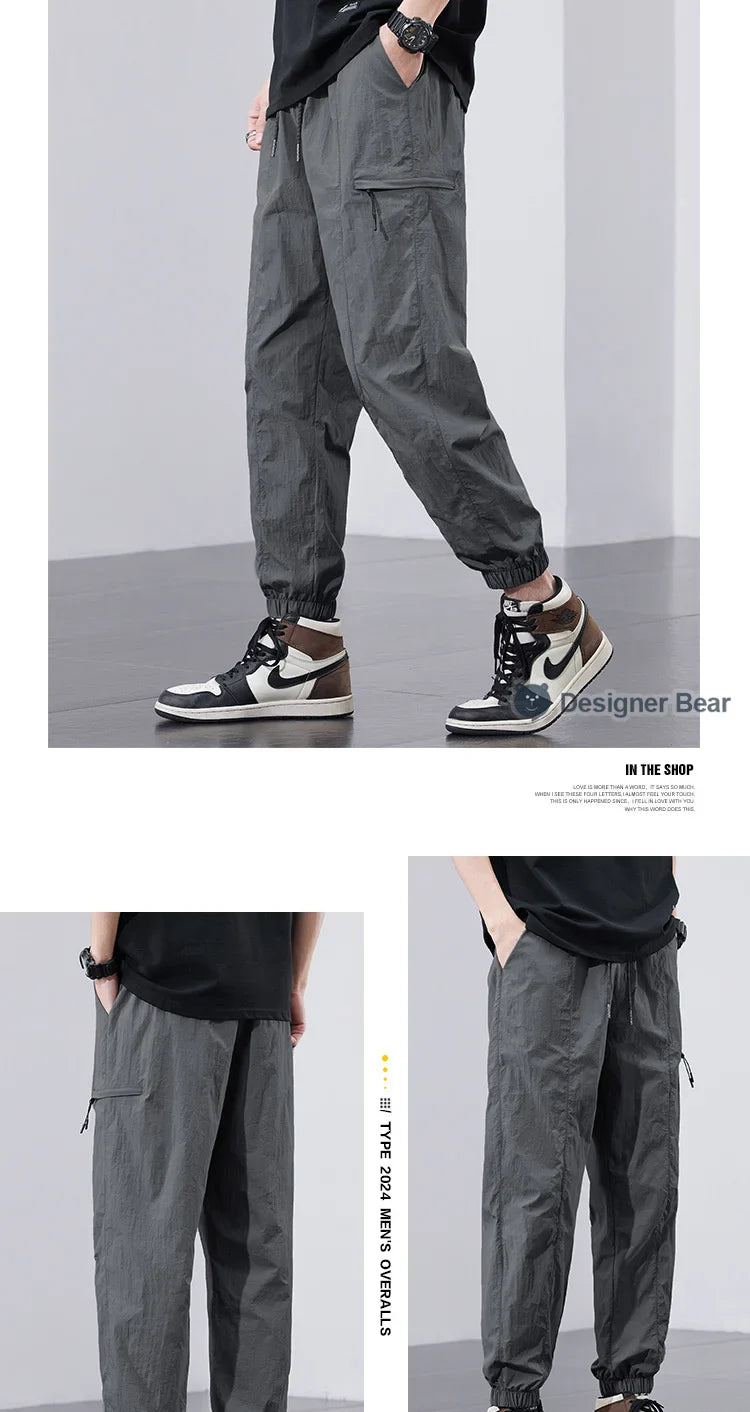 Spring Summer Thin Men's Quick-Dry Cargo Harem Pants Loose Streetwear Joggers with Elastic Cuffs Casual Tapered Trousers Outdoor