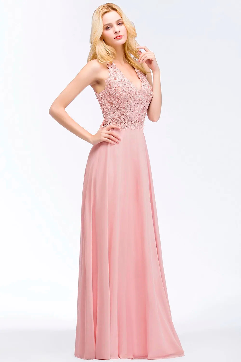 Vestido de Madrinha com Gola Halter Renda Pérolas Corpete Saia Longa até o Chão Chiffon Sexy Costas Abertas Roupa de Casamento
