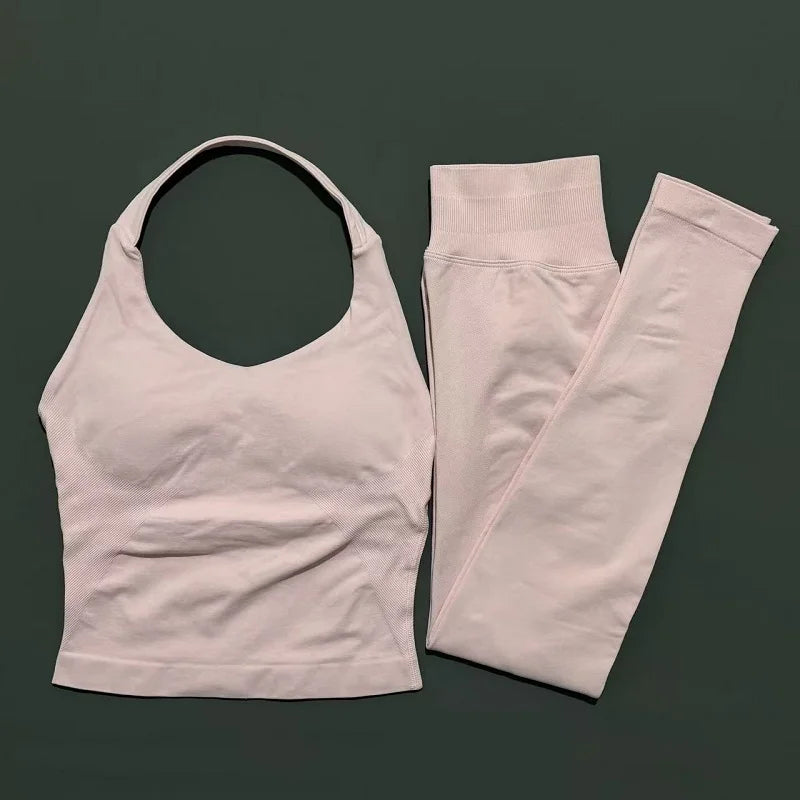 2 Piece Active Set Women Open Back Halter Top Peach Butt Lifting Leggings Seamless Soft Stretchy Gym Yoga Fitness Outfits