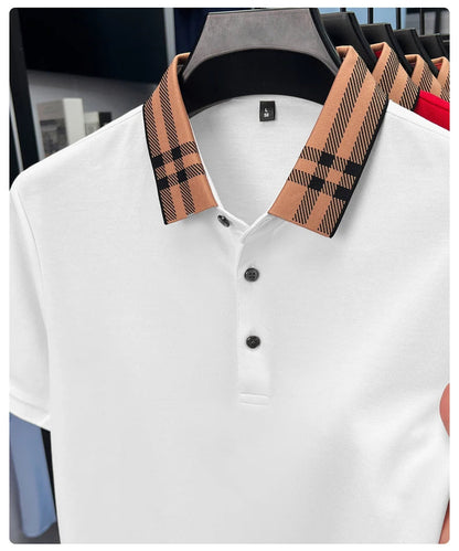 Fashion brand plaid lapel short sleeve polo shirt men summer new style simple solid color high-end business casual golf T-shirt