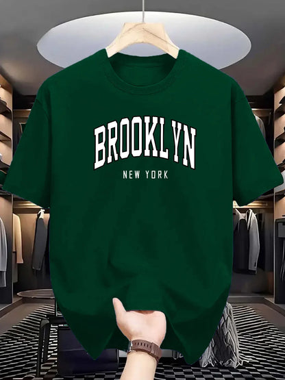 Men's Summer 100% Cotton Fashionable Casual Loose Brooklyn New York Printed Sports Round Neck Short Sleeved T-shirt Top