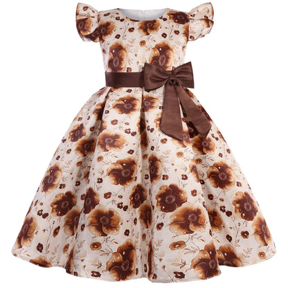 2026 summer new dress Europe and the United States small fly sleeve printed dress little girl host high-end performance clothing