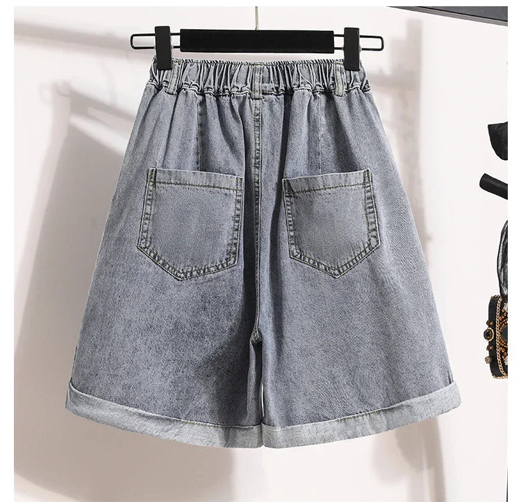 Plus Size Shorts For Women 2024 Summer New Arrivals High Elastic Waist Crimping Wide Leg Loose Streetwear Blue Jeans Shorts
