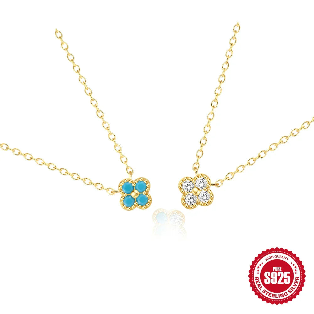 100% 925 Sterling Silver Turquoise Crystal Petal Patter Pendant Necklaces For Women Delicate Wedding Jewelry Collar Mujer