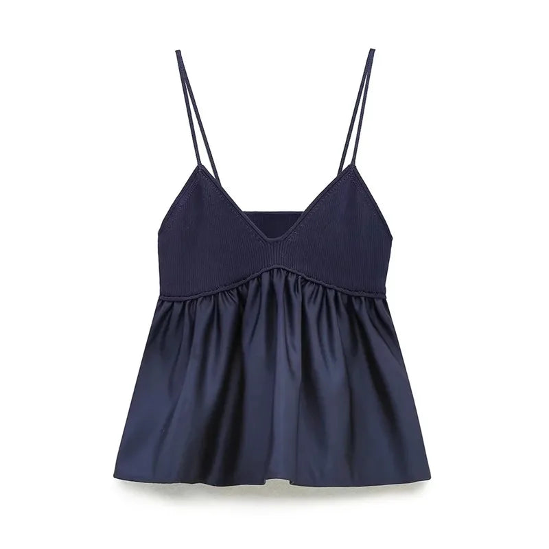 Blue Knitted Top Female Sleeveless Crop Tops Women 2024 Summer Backless Corset Top Woman Patchwork Ruffle Beach Tank Tops