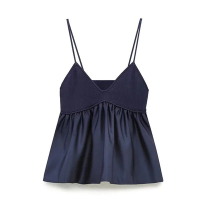 Blue Knitted Top Female Sleeveless Crop Tops Women 2024 Summer Backless Corset Top Woman Patchwork Ruffle Beach Tank Tops