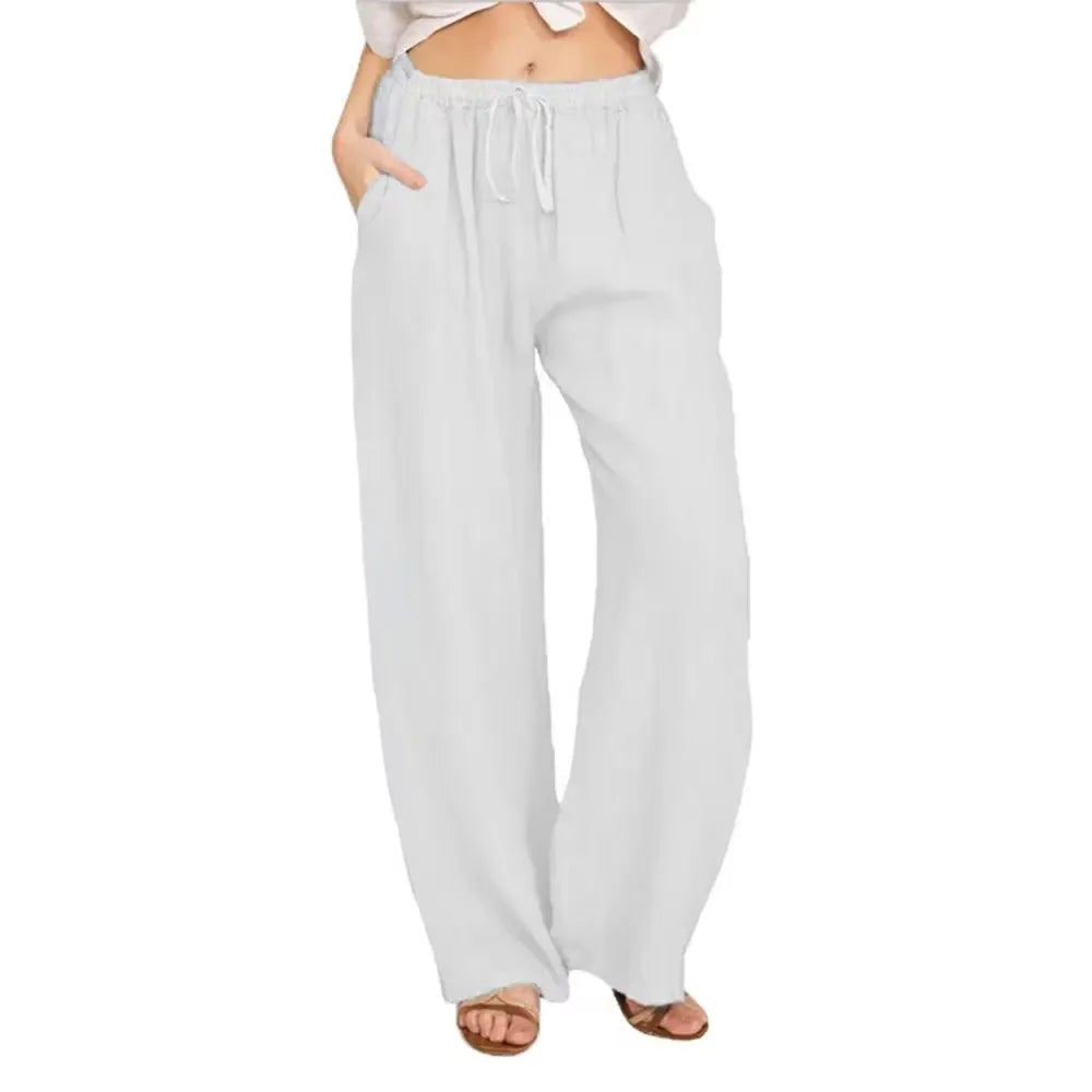 Summer Autumn Women Fashion Cotton Linen Pants Elastic Waist Loose Straight Pants Female Casual Solid Color Versatile Trousers