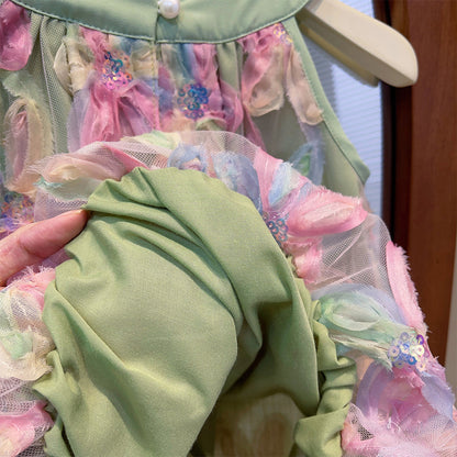 Girl Dress 2025 Summer New Girl Dress Princess Dress Little Girl Fashion Colorful Flower Yarn Dresses Kid Clothes