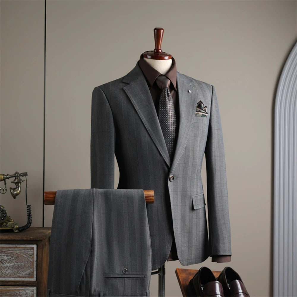 Classic Elegant Plaid Men's Suits Business Party Tuxedo,Notched Lapel Suit Set 2 Pieces Blazer Pants For Formal Occasions